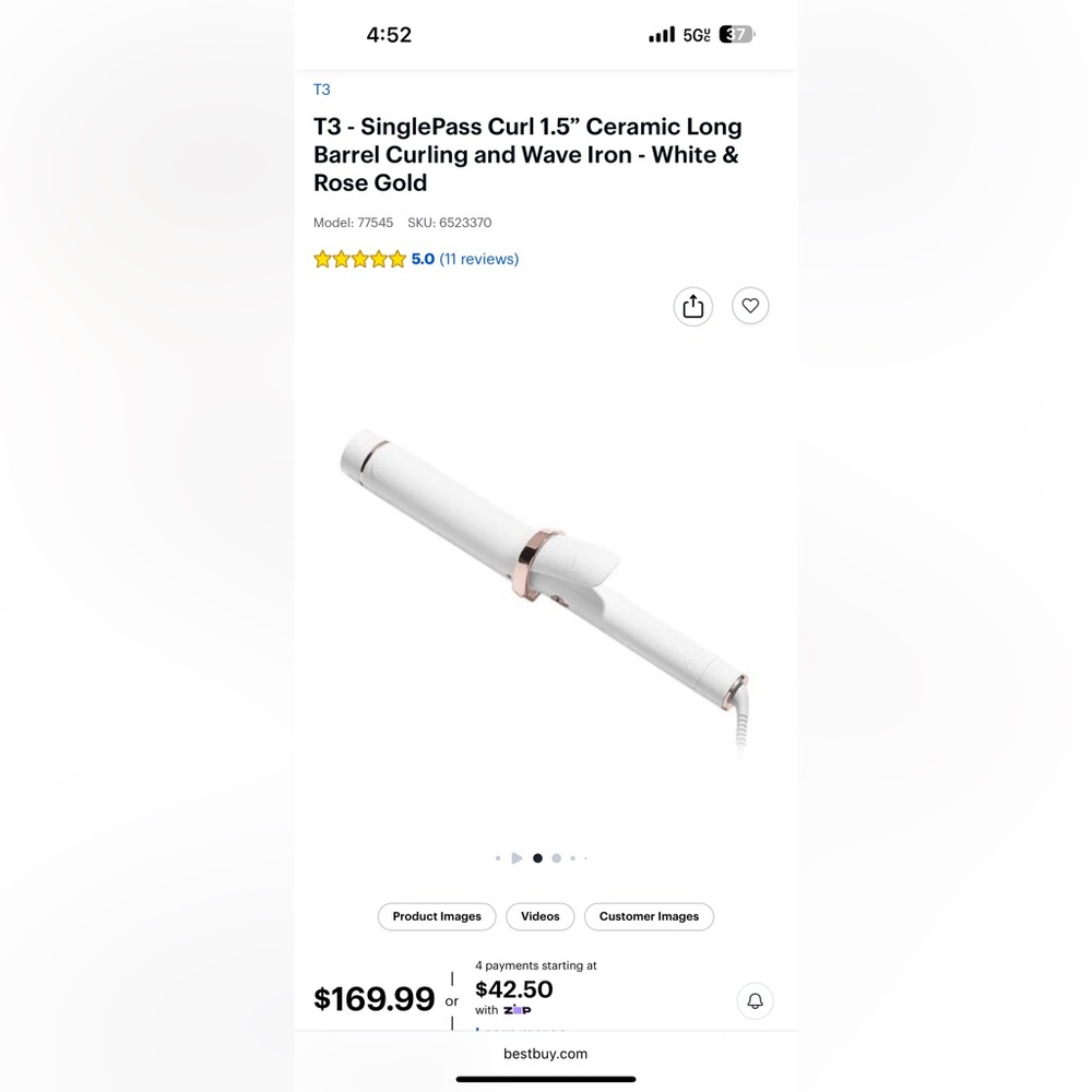 T3 White and Rose Gold Curling Iron 1 1/2